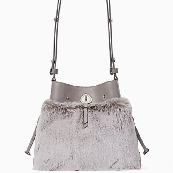 MAKE AN OFFER Kate spade grey cat faux fur marti small bucket bag crossbody - Picture 3 of 14